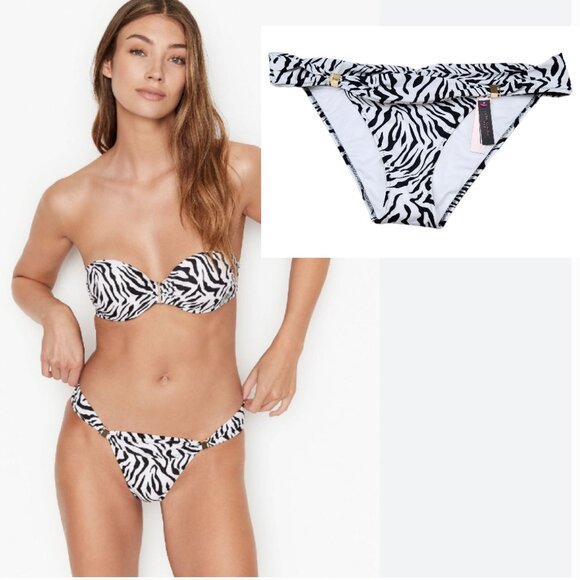 NWT Victoria Secret Swim Bikini Bottom White Black Animal Print Zebra Foldover - Picture 1 of 6